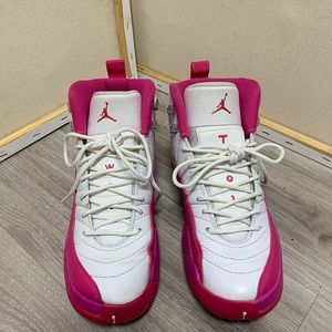 Pink and white jordan 12 sneakers. Fits women 7.5